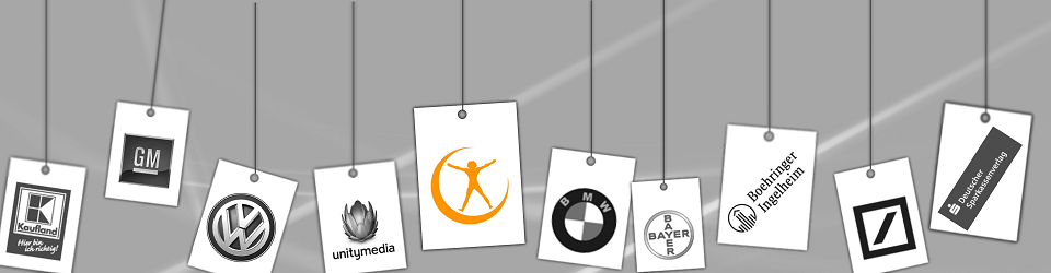 Logos unserer Kunden – Kaufland, GM, VW, Unitymedia, Miomedia, Boehringer, Bayer, Deutsche Bank, Deutscher Sparkassenverlag